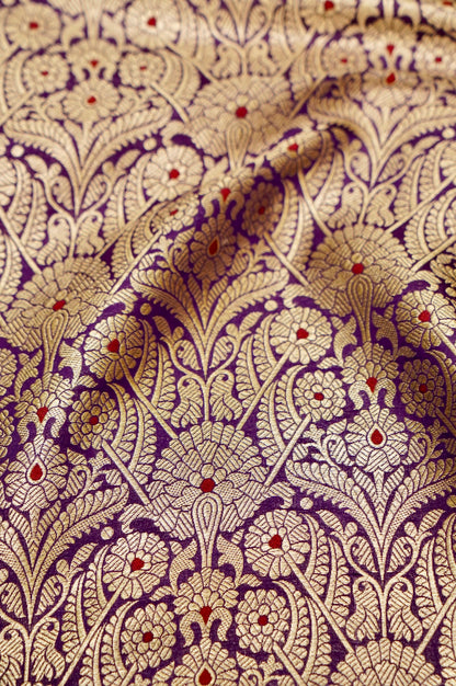 Pure Brocade Banarasi Arch Jaal Fabric in Purple - Khinkhwab