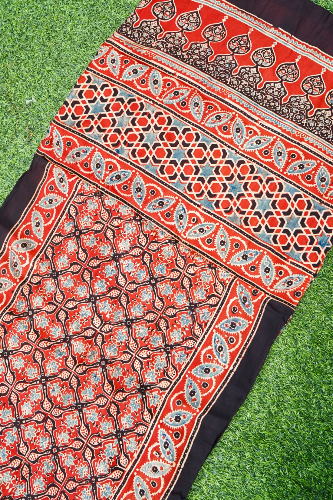 Hand Block Ajrakh Modal Silk Stole in Rust Red