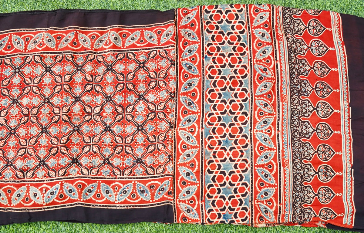 Hand Block Ajrakh Modal Silk Stole in Rust Red