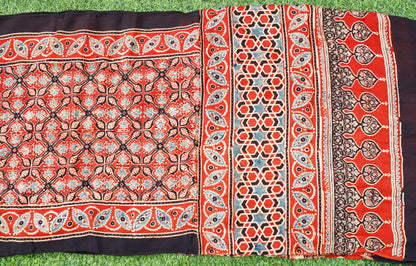 Hand Block Ajrakh Modal Silk Stole in Rust Red