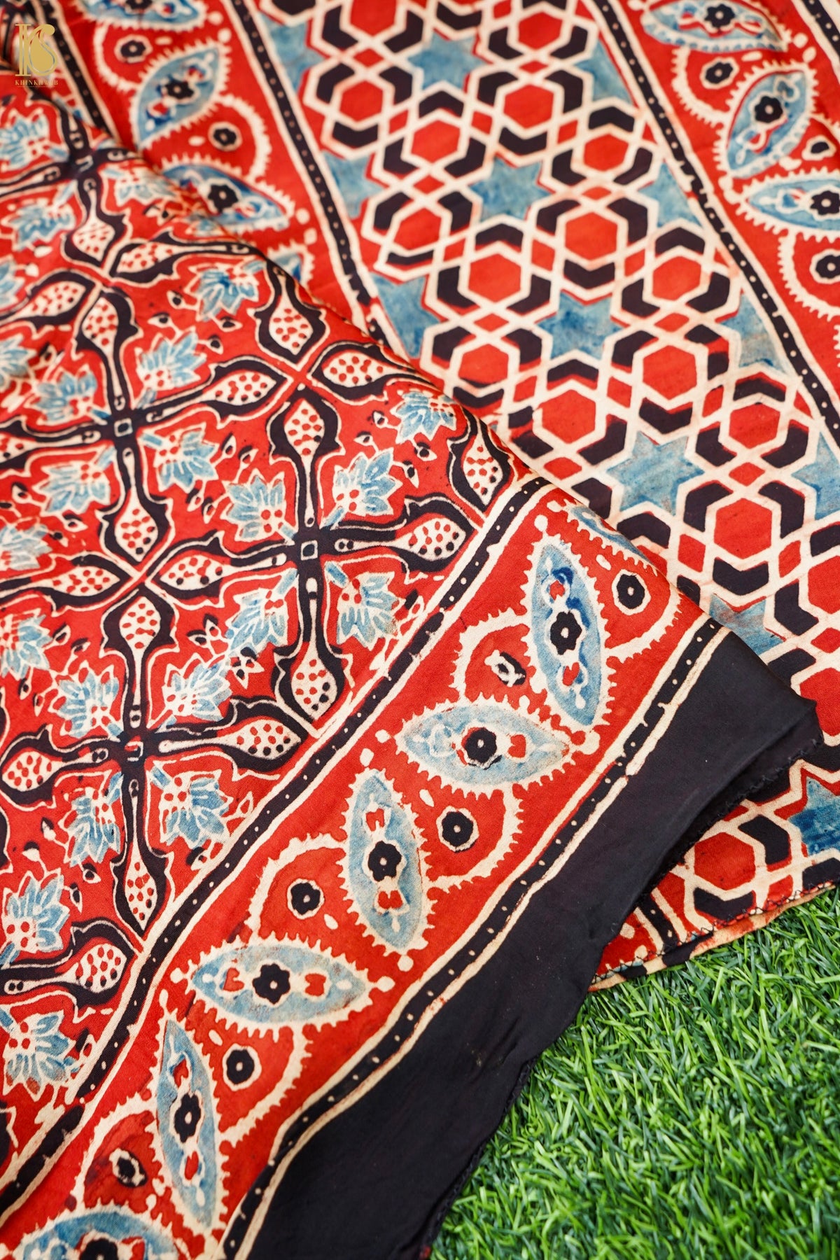Hand Block Ajrakh Modal Silk Stole in Rust Red