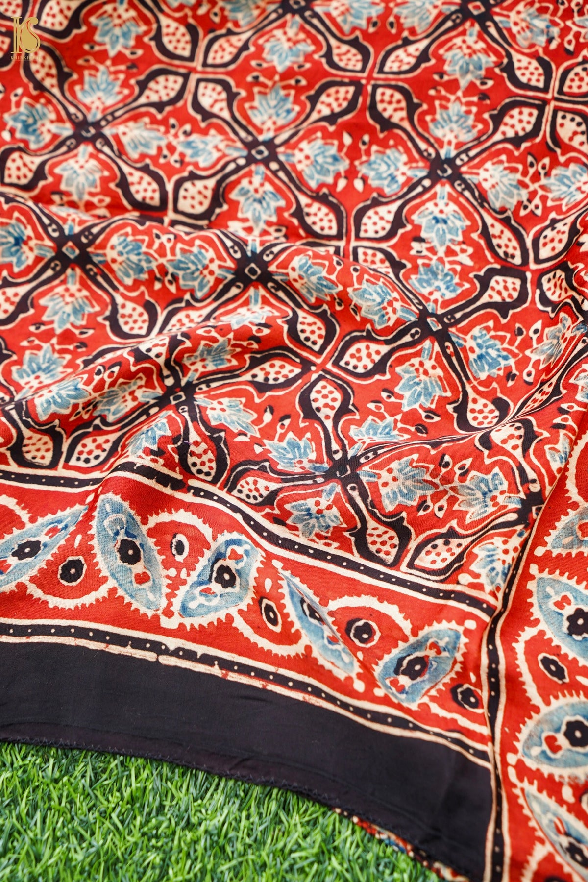 Hand Block Ajrakh Modal Silk Stole in Rust Red