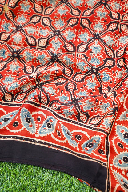 Hand Block Ajrakh Modal Silk Stole in Rust Red