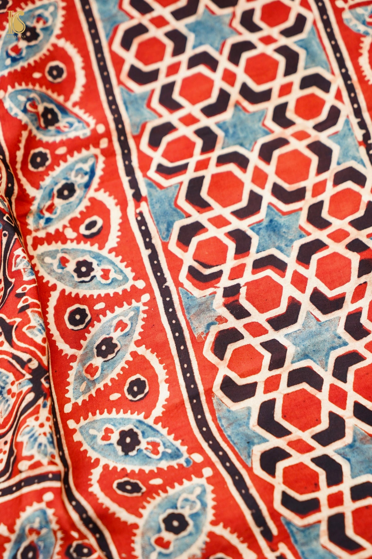 Hand Block Ajrakh Modal Silk Stole in Rust Red