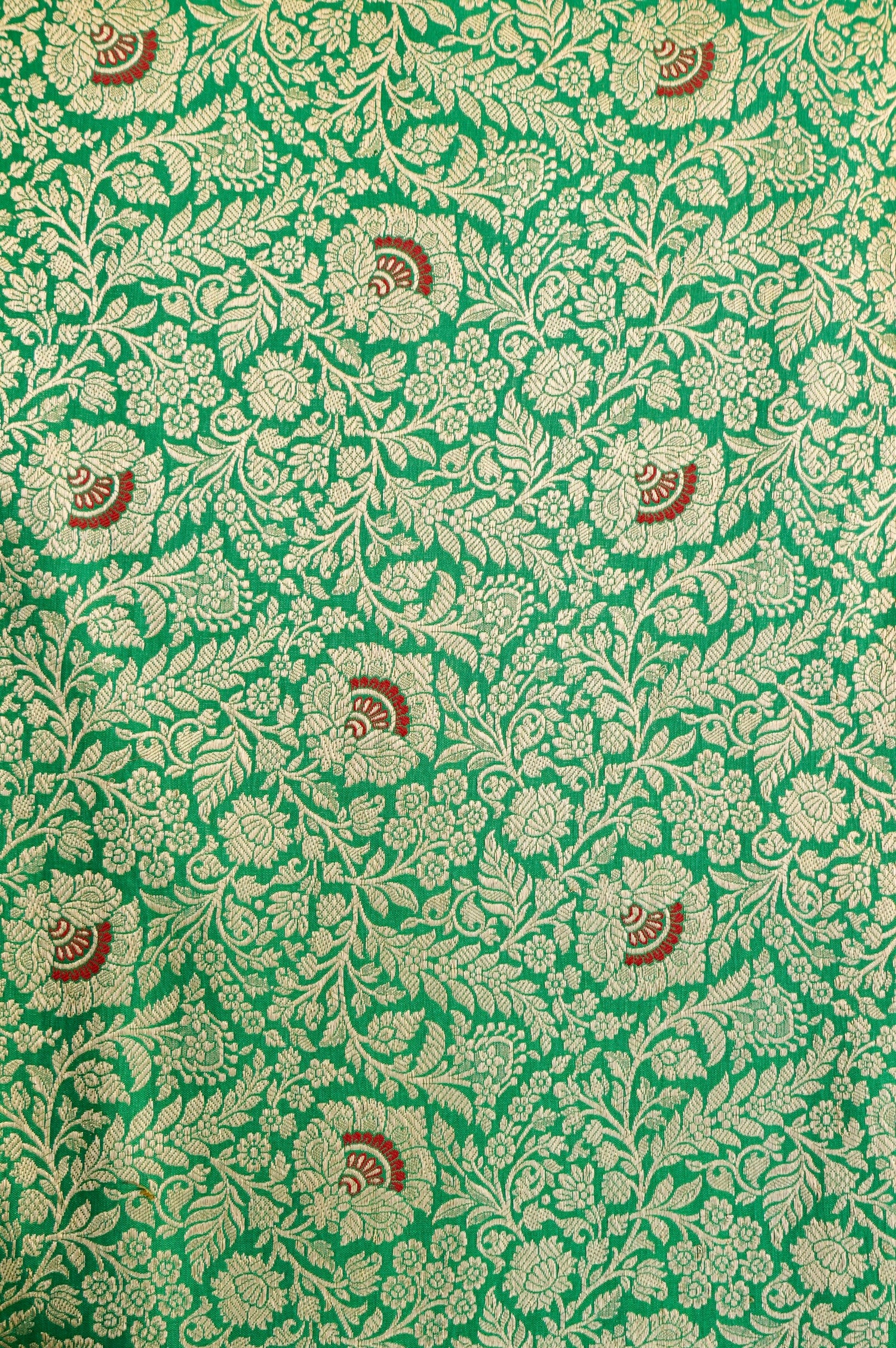 Pure Brocade Banarasi Fan Booti Fabric in Green - Khinkhwab