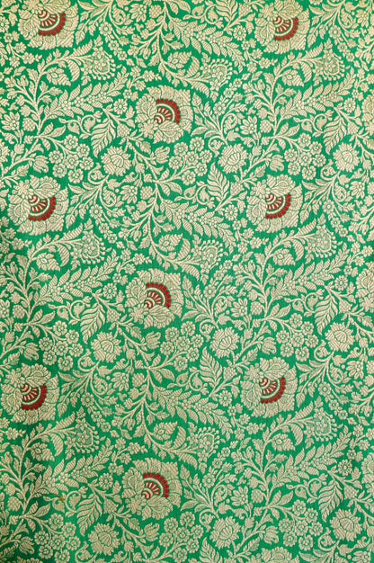 Pure Brocade Banarasi Fan Booti Fabric in Green - Khinkhwab