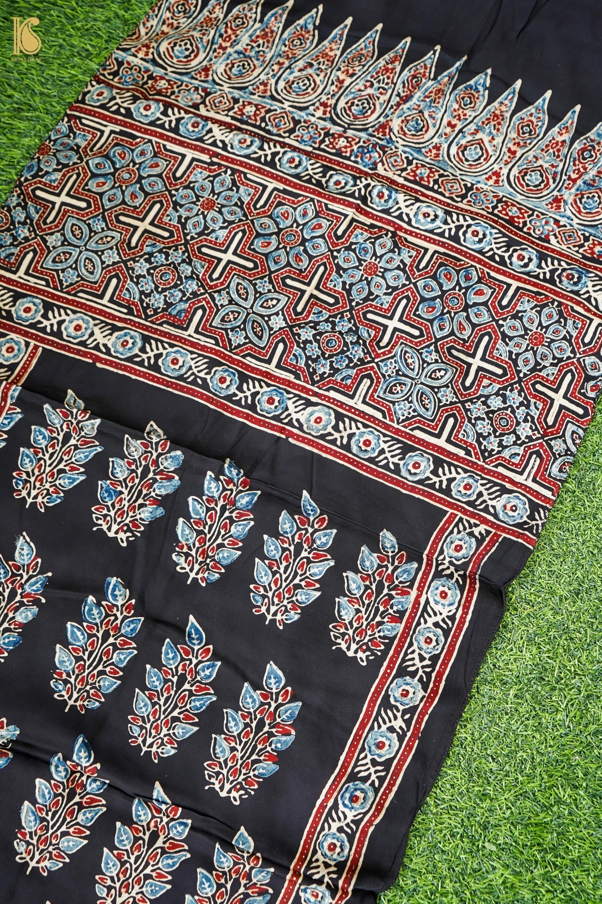 Hand Block Ajrakh Modal Silk Stole in Black