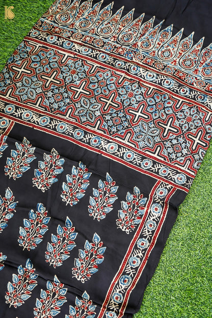Hand Block Ajrakh Modal Silk Stole in Black