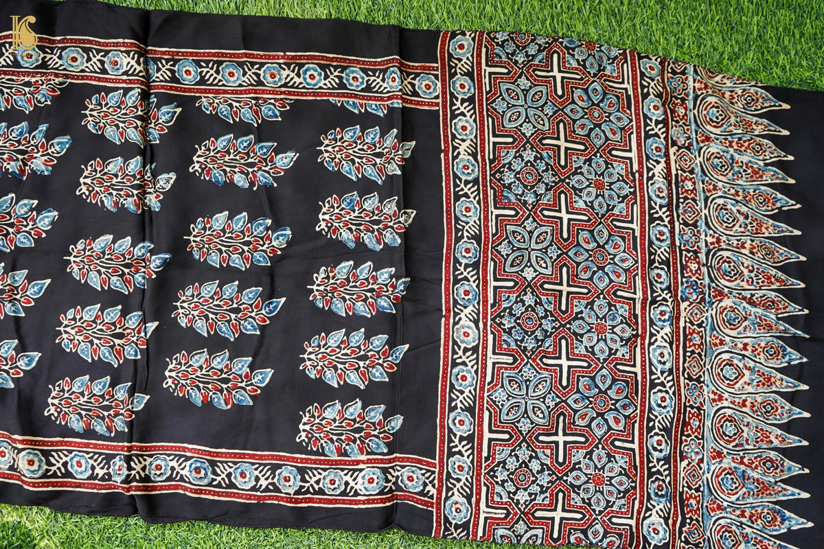 Hand Block Ajrakh Modal Silk Stole in Black