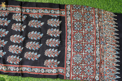 Hand Block Ajrakh Modal Silk Stole in Black