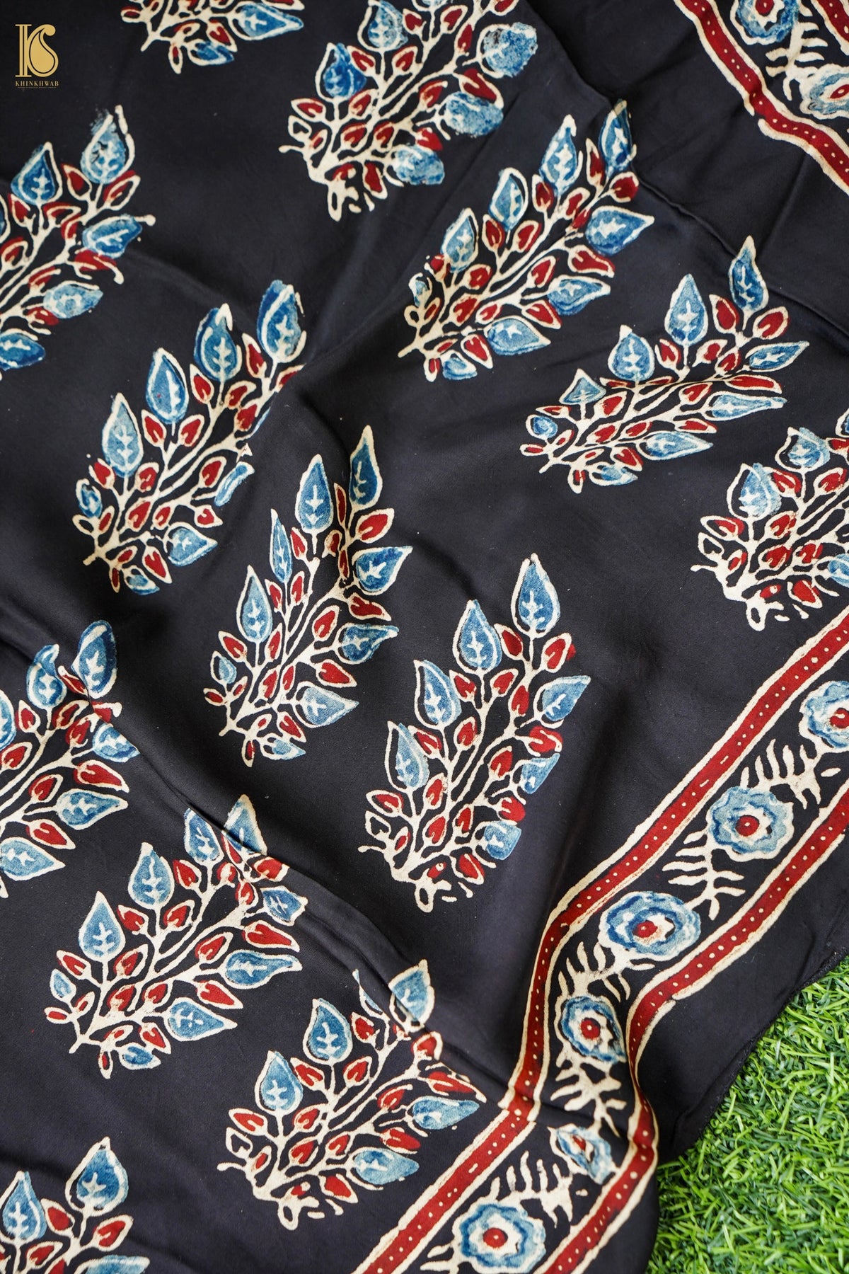 Hand Block Ajrakh Modal Silk Stole in Black