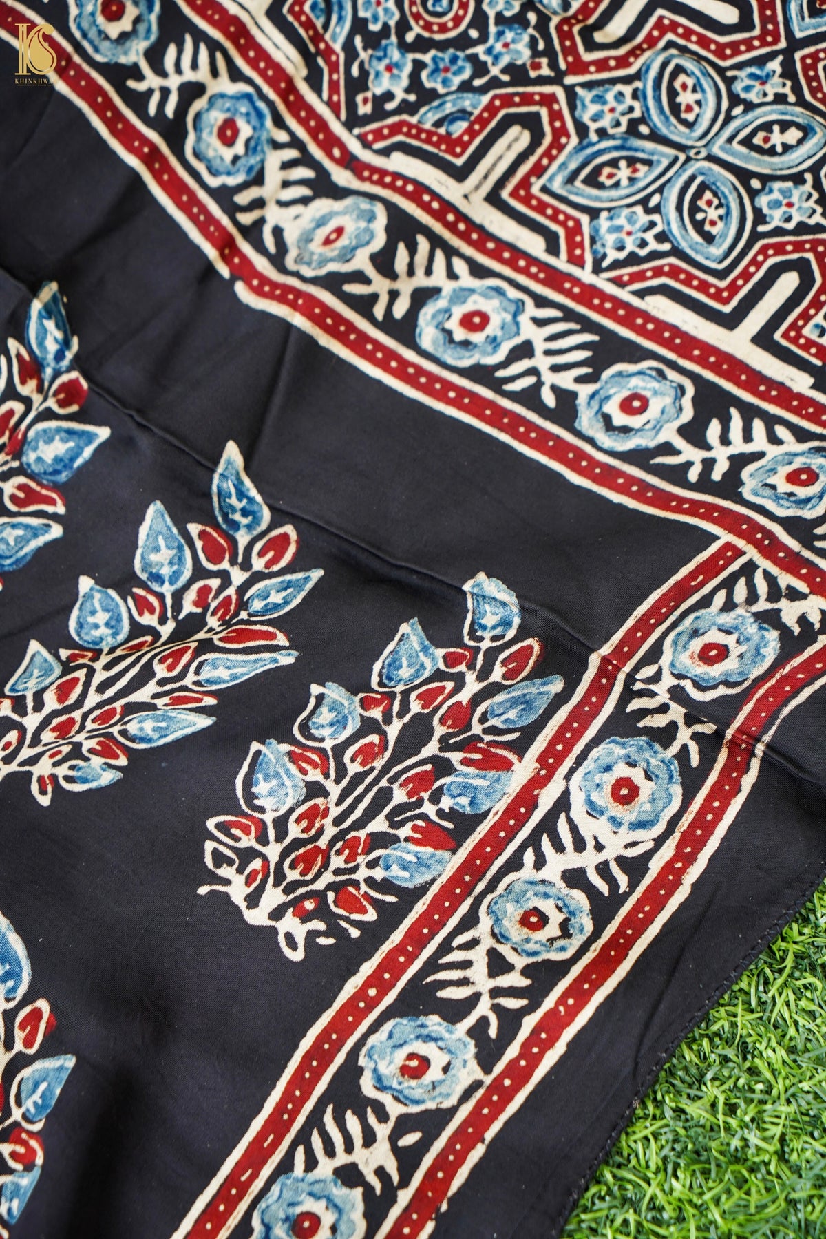 Hand Block Ajrakh Modal Silk Stole in Black