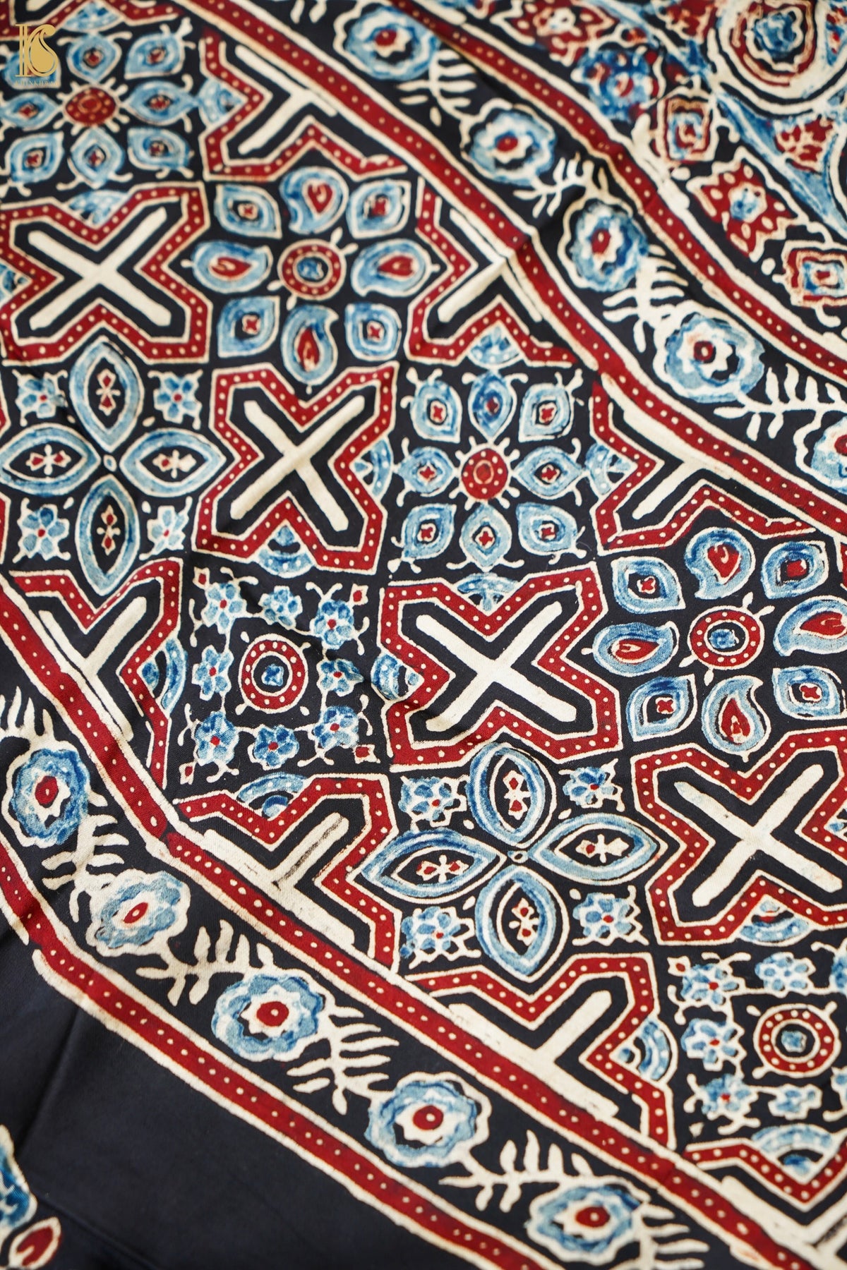 Hand Block Ajrakh Modal Silk Stole in Black