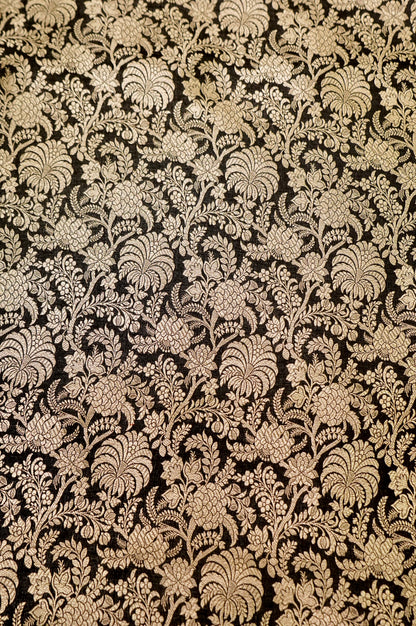 Pure Brocade Banarasi Palm Jaal Fabric in Black - Khinkhwab