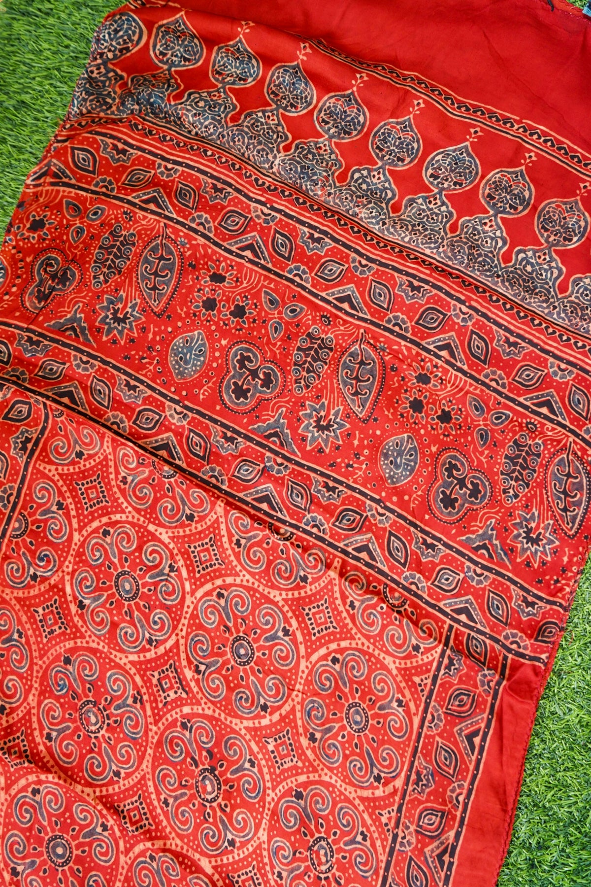 Ajrakh Hand Block Modal Silk Stole in Rust Red
