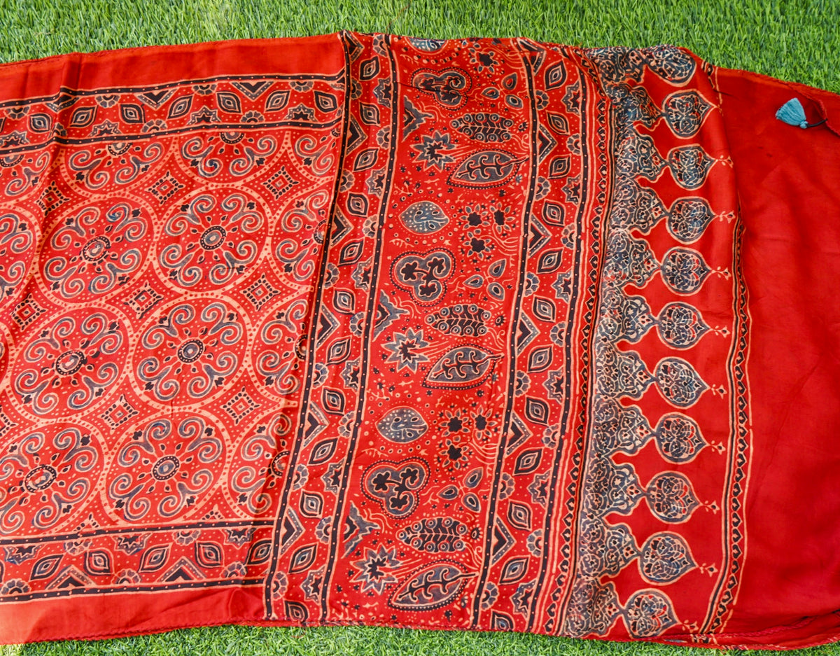 Ajrakh Hand Block Modal Silk Stole in Rust Red