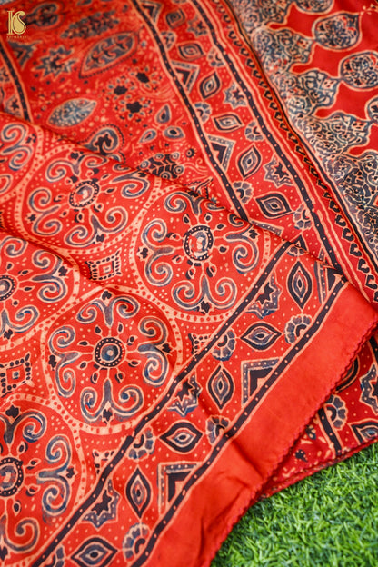 Ajrakh Hand Block Modal Silk Stole in Rust Red