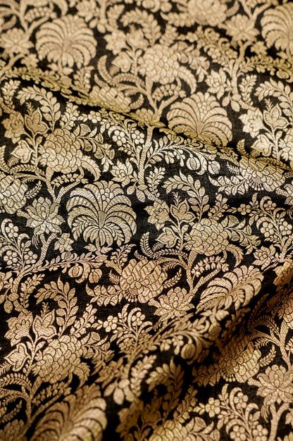 Pure Brocade Banarasi Palm Jaal Fabric in Black - Khinkhwab