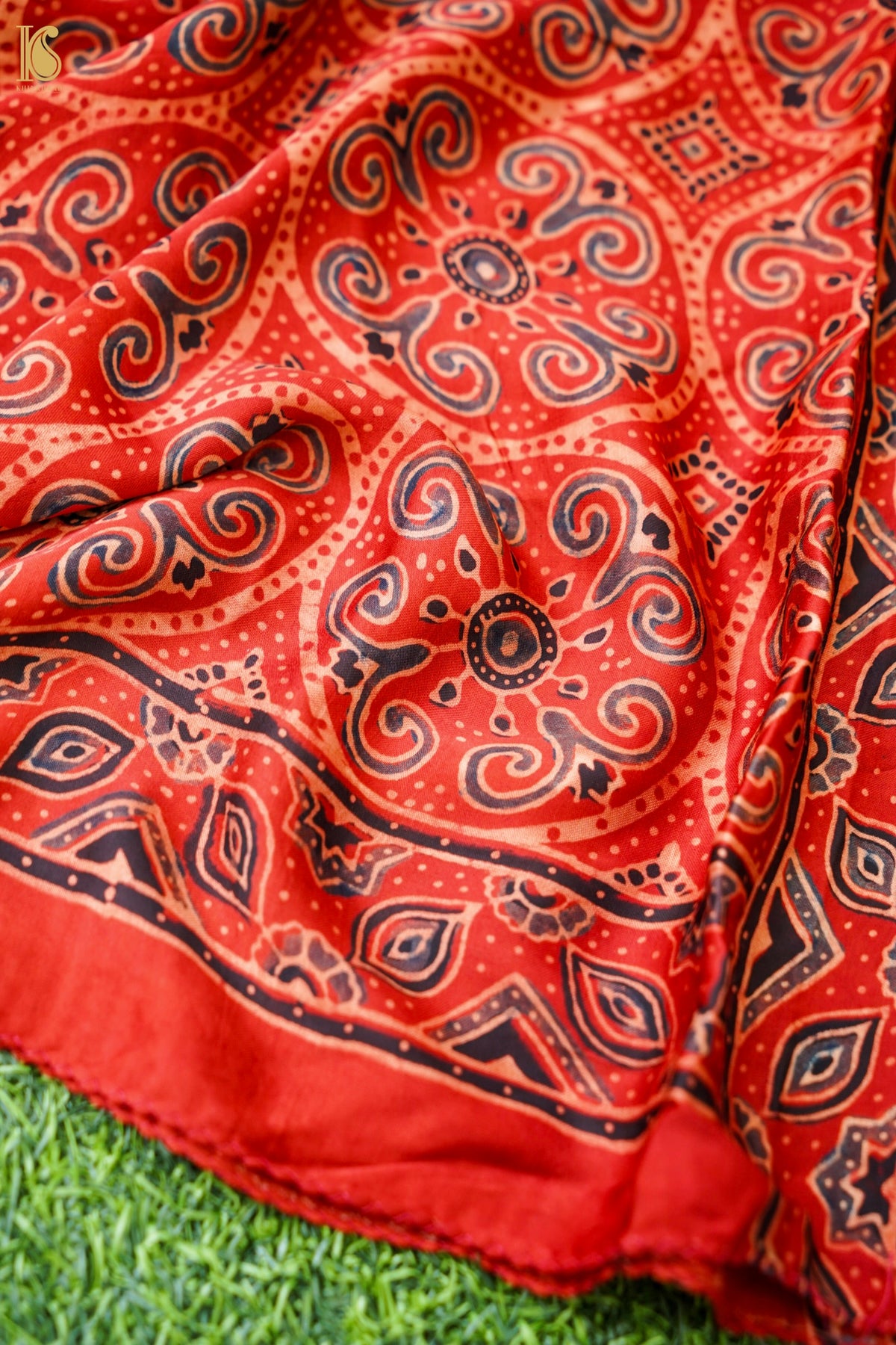 Ajrakh Hand Block Modal Silk Stole in Rust Red