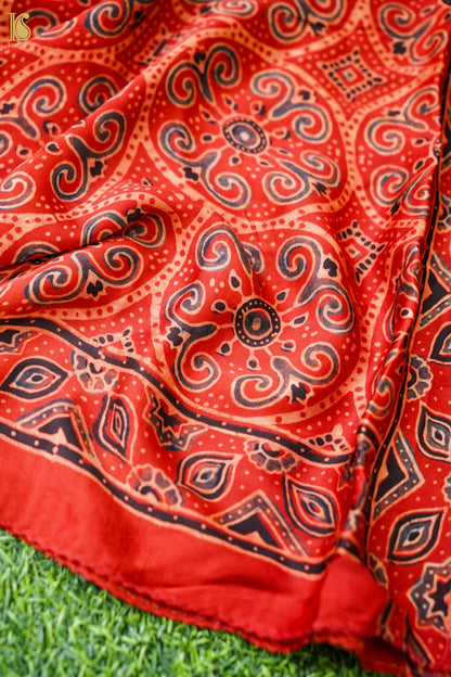 Ajrakh Hand Block Modal Silk Stole in Rust Red