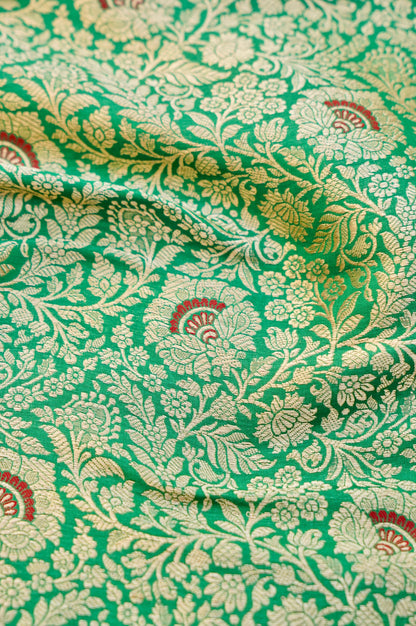 Pure Brocade Banarasi Fan Booti Fabric in Green - Khinkhwab