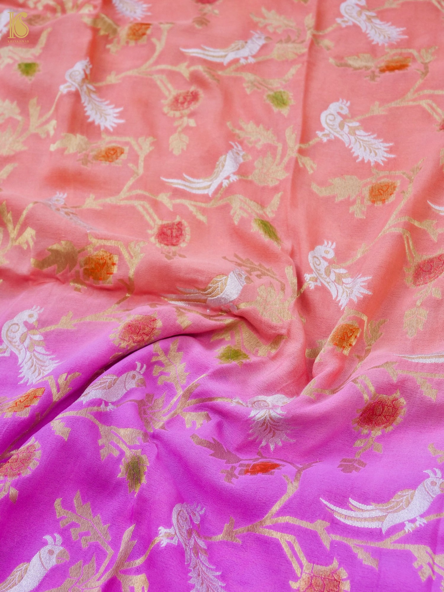 Banarasi Georgette Meenakari Dupatta in Pink and Orange - Birds of Paradise
