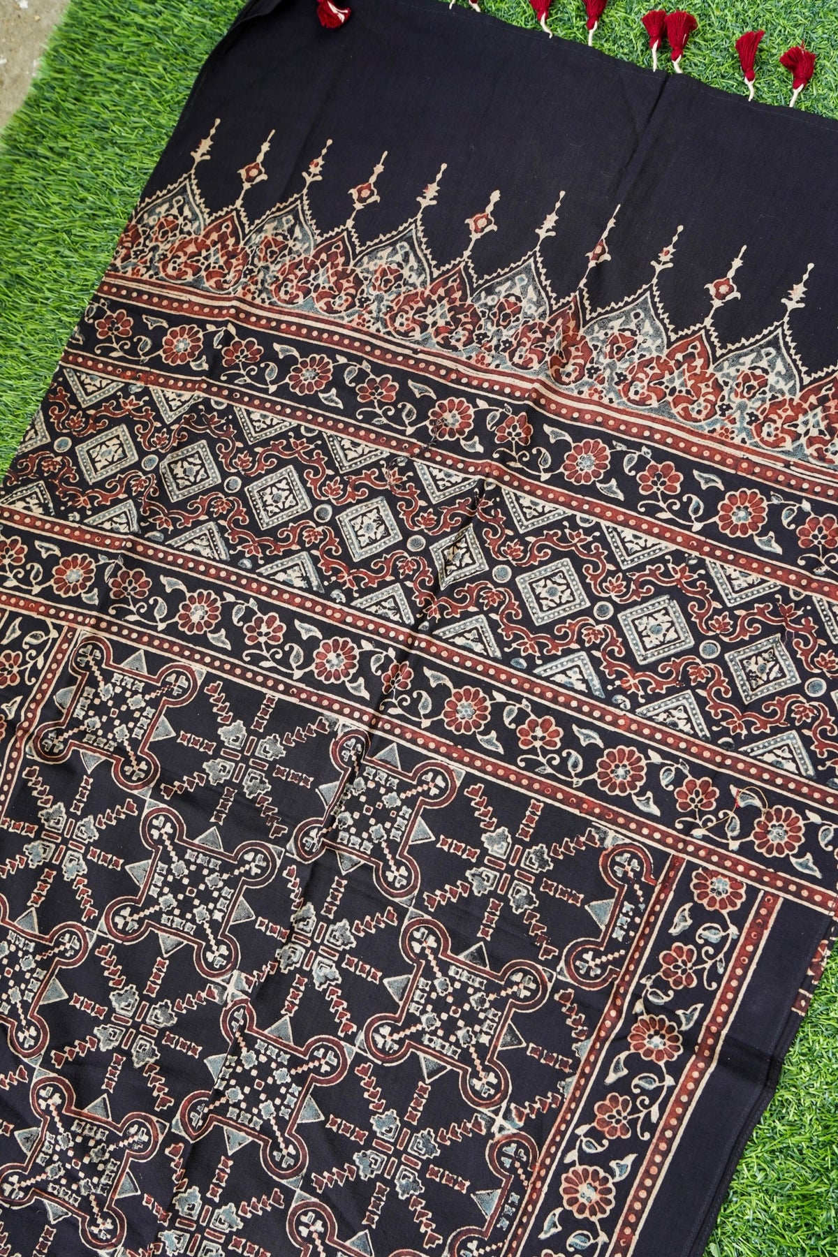 Hand Block Pure Cotton Ajrakh Stole in Black and Rust Red