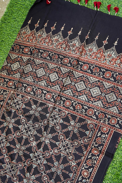 Hand Block Pure Cotton Ajrakh Stole in Black and Rust Red