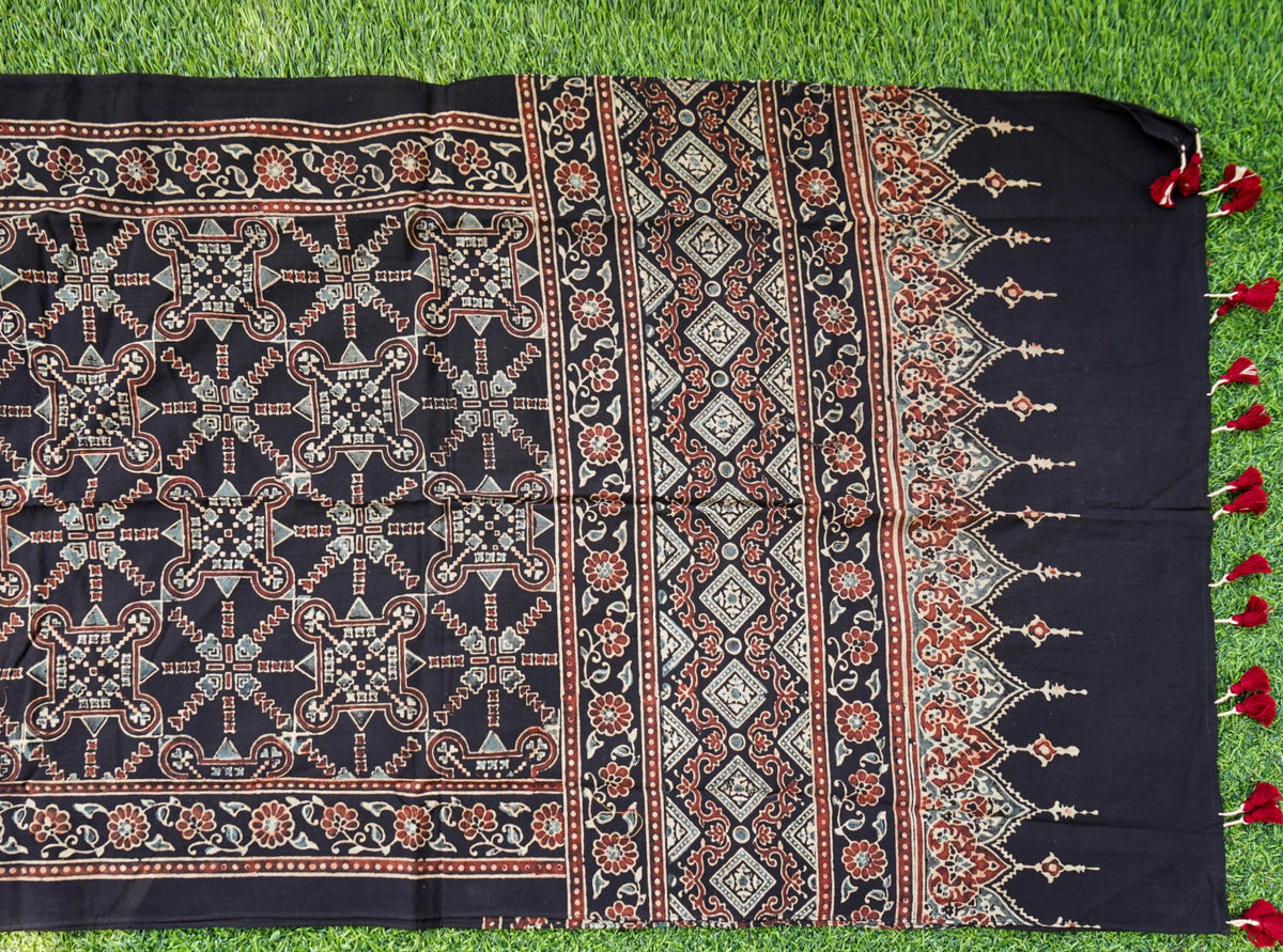Hand Block Pure Cotton Ajrakh Stole in Black and Rust Red