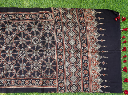 Hand Block Pure Cotton Ajrakh Stole in Black and Rust Red