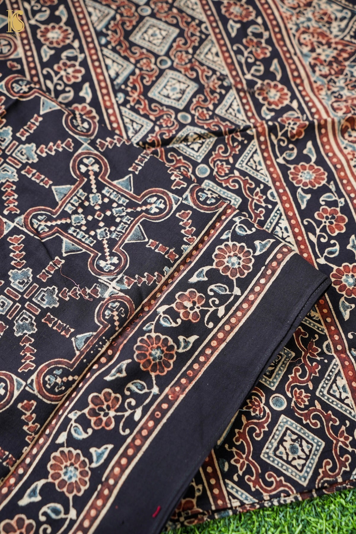 Hand Block Pure Cotton Ajrakh Stole in Black and Rust Red