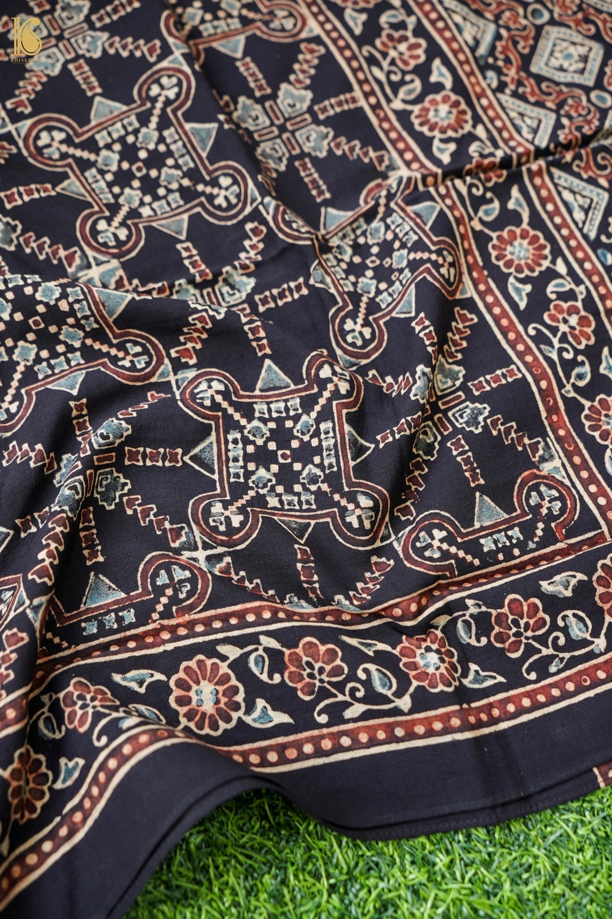 Hand Block Pure Cotton Ajrakh Stole in Black and Rust Red