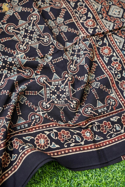 Hand Block Pure Cotton Ajrakh Stole in Black and Rust Red