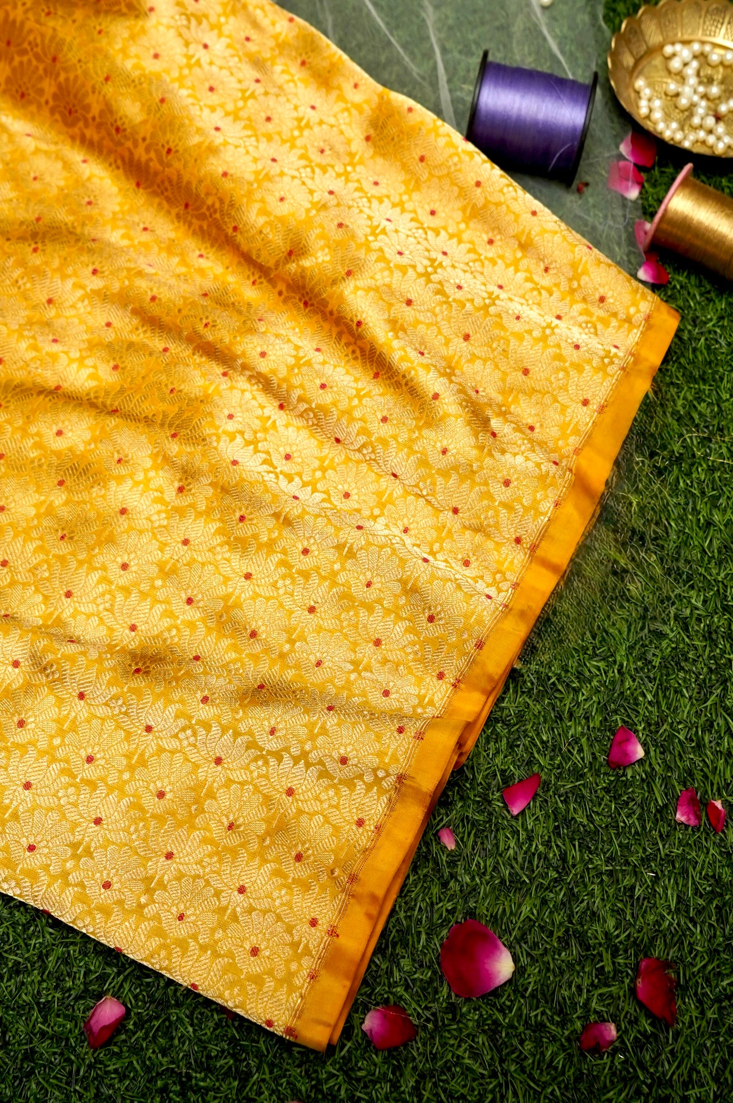 Pure Brocade Banarasi Meenakari Jaal Fabric in Yellow - Khinkhwab