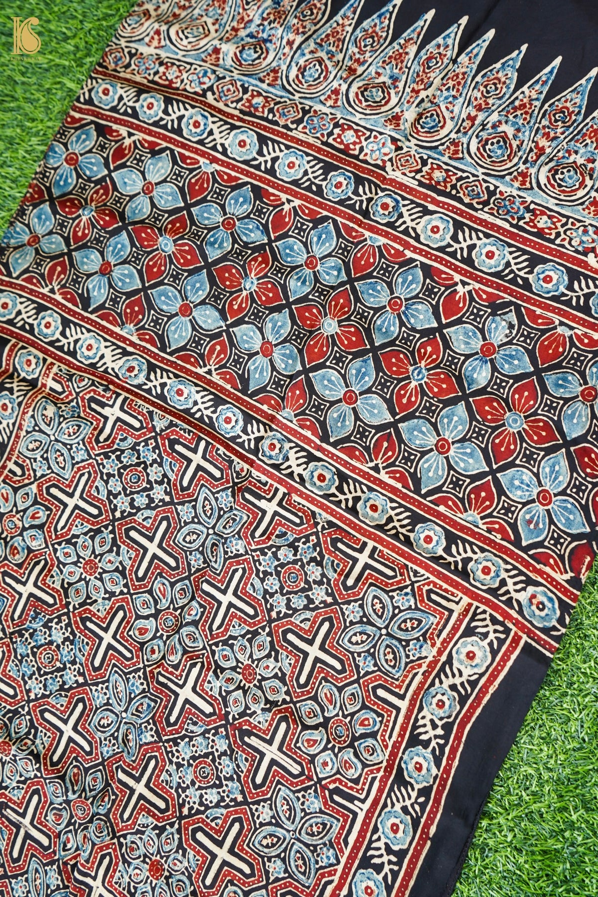 Hand Block Ajrakh Modal Silk Stole in Black