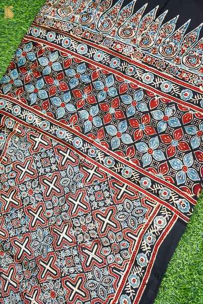 Hand Block Ajrakh Modal Silk Stole in Black