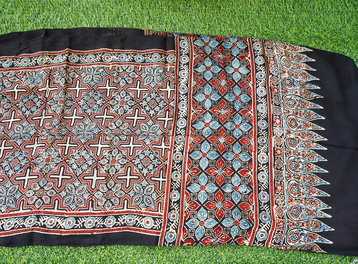 Hand Block Ajrakh Modal Silk Stole in Black