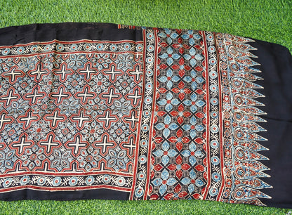 Hand Block Ajrakh Modal Silk Stole in Black