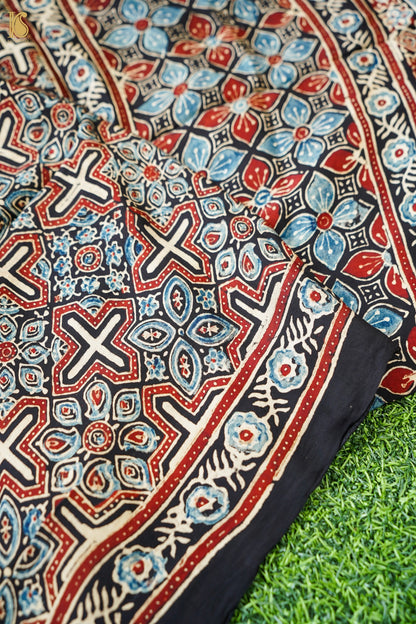 Hand Block Ajrakh Modal Silk Stole in Black