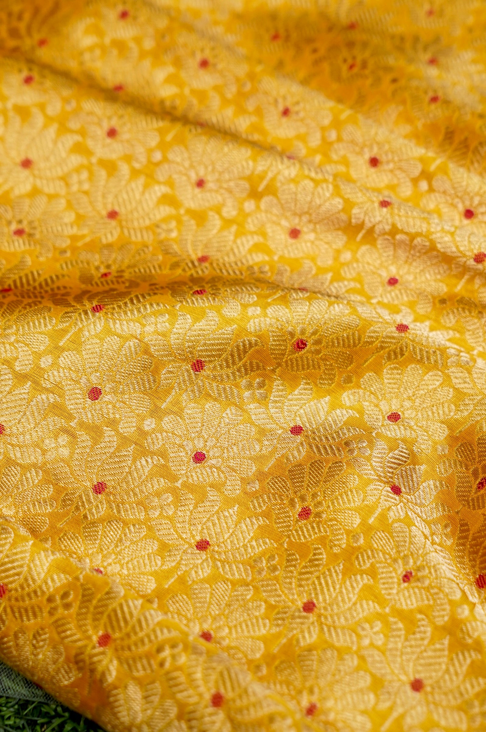 Pure Brocade Banarasi Meenakari Jaal Fabric in Yellow - Khinkhwab