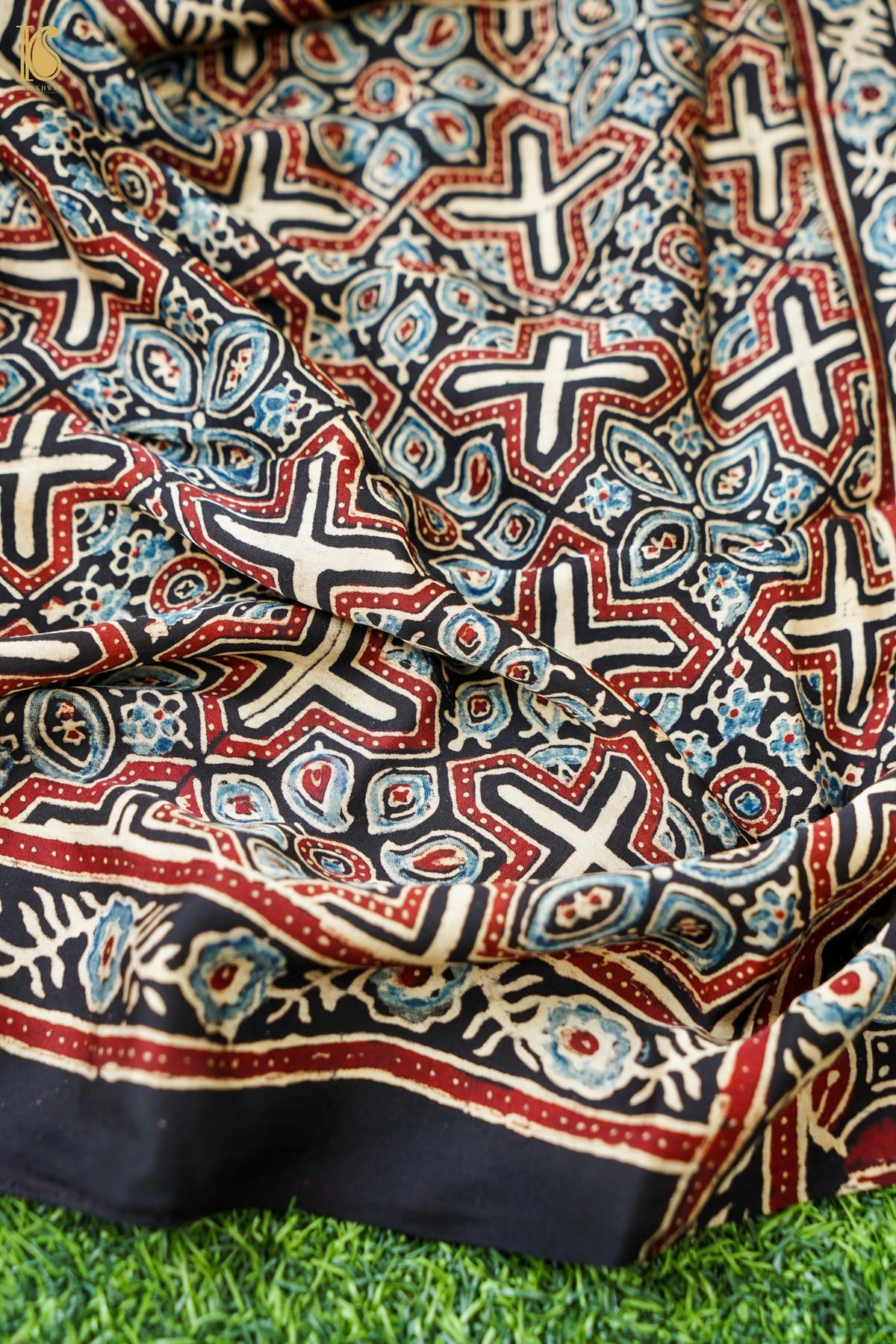 Hand Block Ajrakh Modal Silk Stole in Black