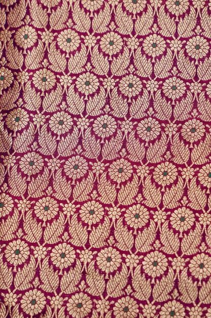 Pure Brocade Banarasi Leaf &amp; Daisy Jaal Fabric in Purple - Khinkhwab