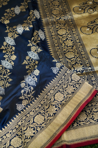 Banarasi Katan Kadwa Zari Jaal Handloom Saree in Navy - Khinkhwab