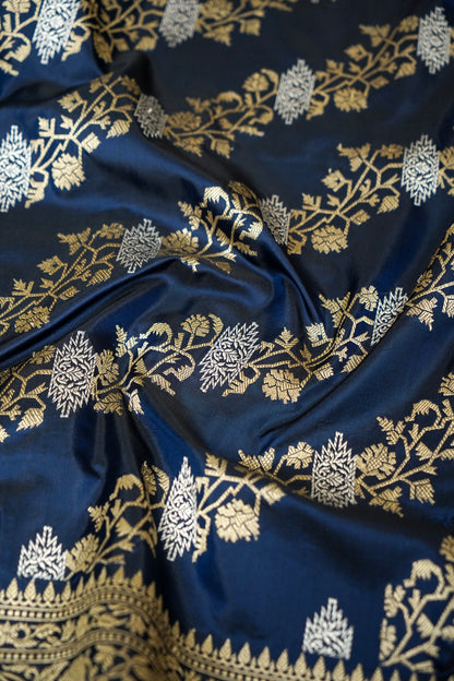 Banarasi Katan Kadwa Zari Jaal Handloom Saree in Navy - Khinkhwab