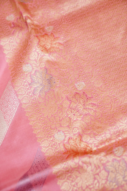 Banarasi Katan Silk Kadwa Leheriya Handloom Saree in Pink - Khinkhwab