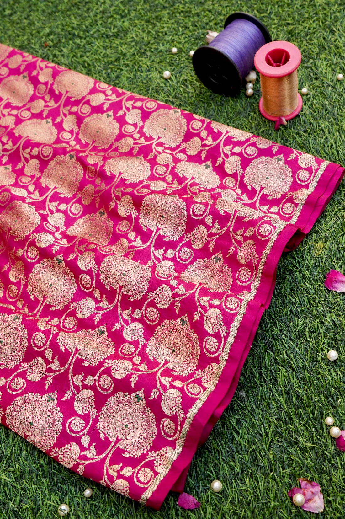 Pure Brocade Banarasi Peony Vine Fabric in Pink - Khinkhwab