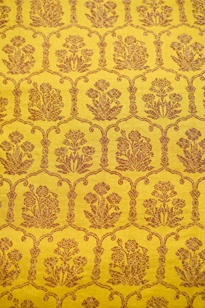 Pure Brocade Banarasi Fabric in Yellow Floral Jaal - Khinkhwab