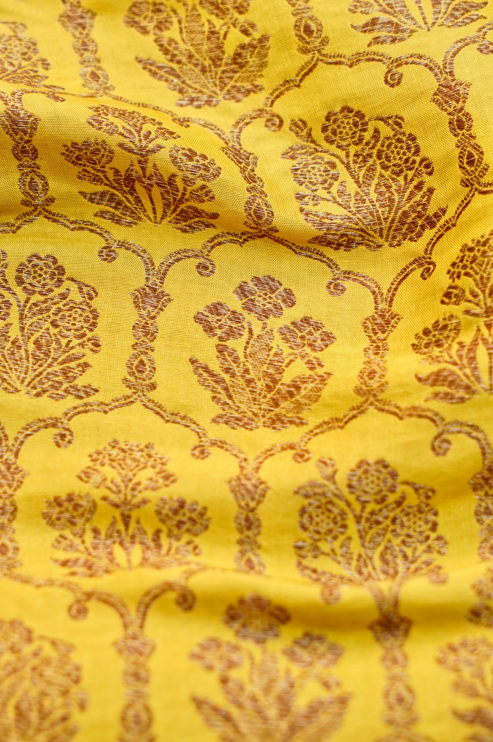 Pure Brocade Banarasi Fabric in Yellow Floral Jaal - Khinkhwab