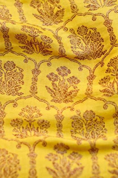 Pure Brocade Banarasi Fabric in Yellow Floral Jaal - Khinkhwab