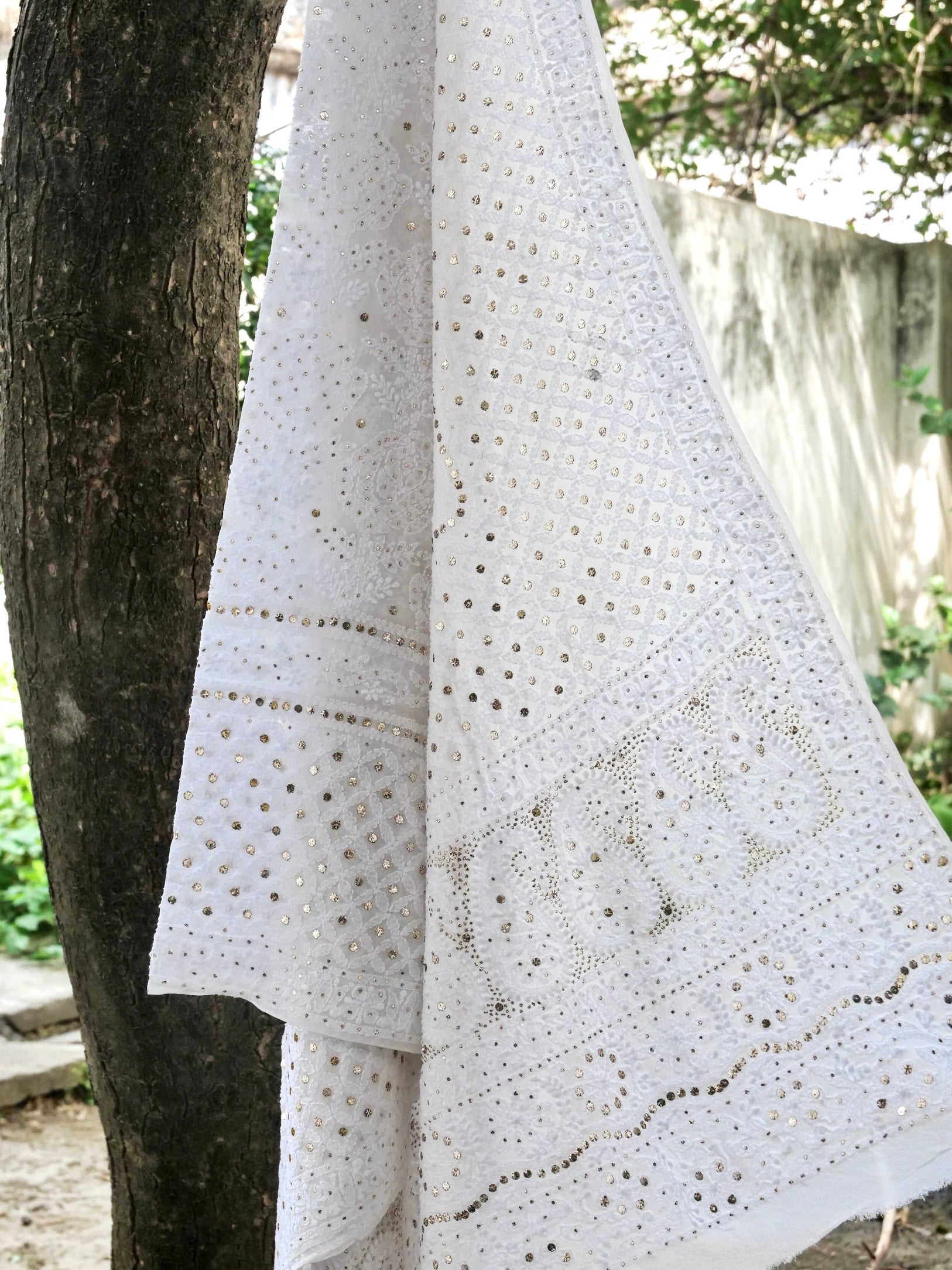 Pure Georgette Chikankari Mukaish Dupatta in White